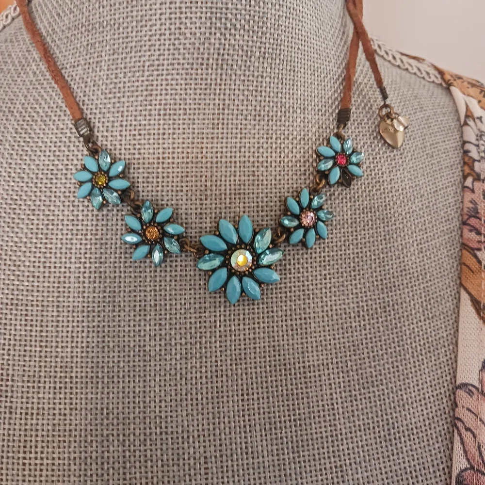 Leather String Rhinestone Necklace - Picture 2 of 11